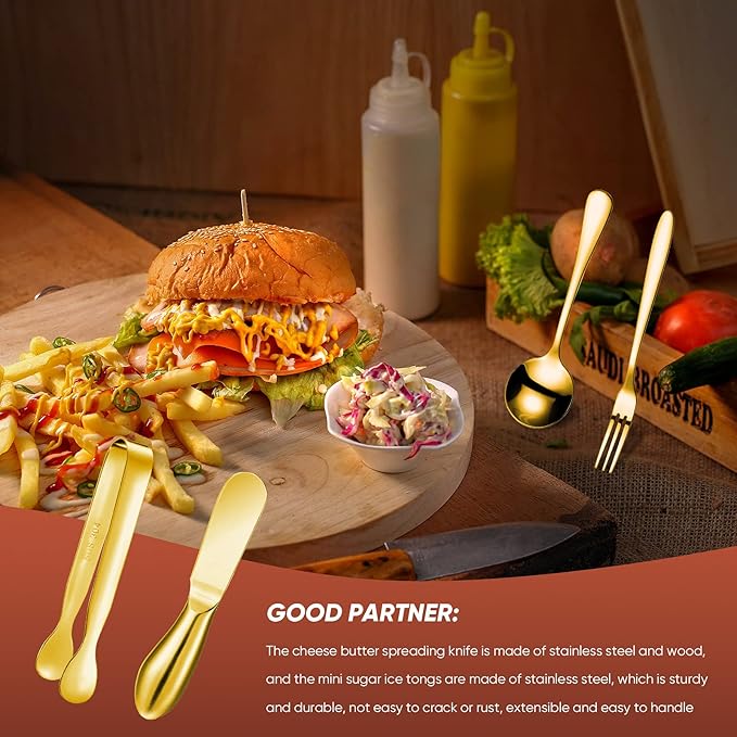 Patelai 14 Pieces Charcuterie Board Accessories Cheese Spreader Knives Set Stainless Steel Charcuterie Utensils Spreader Knives Mini Serving Tongs Spoons and Forks for Cheese and Pastry Making (Gold)