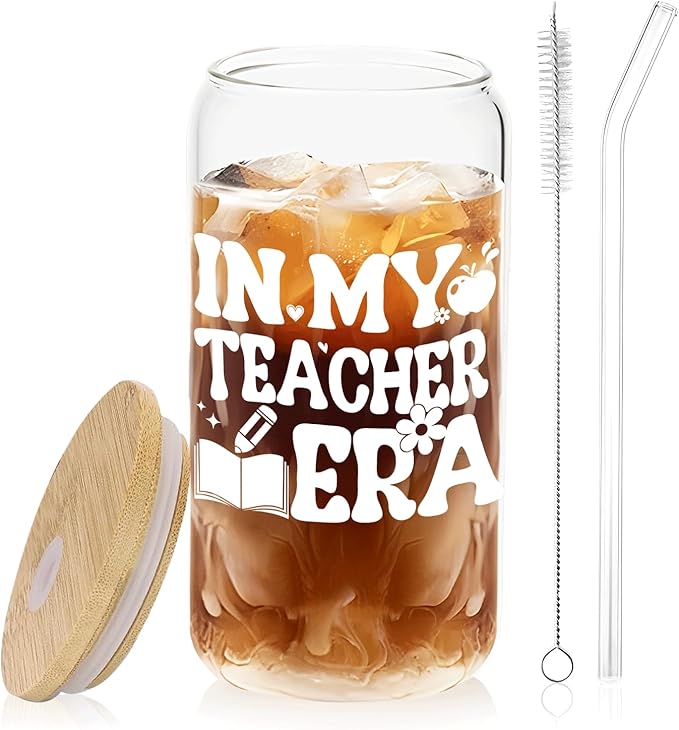 in My Teacher Era Glass Cup with Lids and Straws 14oz, Teacher Appreciation Gifts, Teachers Gifts for Women Glass Iced Coffee Tumbler Drinking Jars with Cleaning Brush