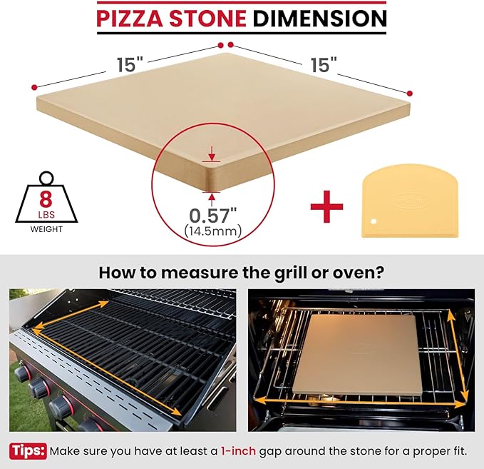 Unicook Pizza Stone 15 Inch, Premium Baking Stone for Oven Grill, Square Cordierite Bread Pizza Pan, Thermal Shock Resistant, Includes Scraper