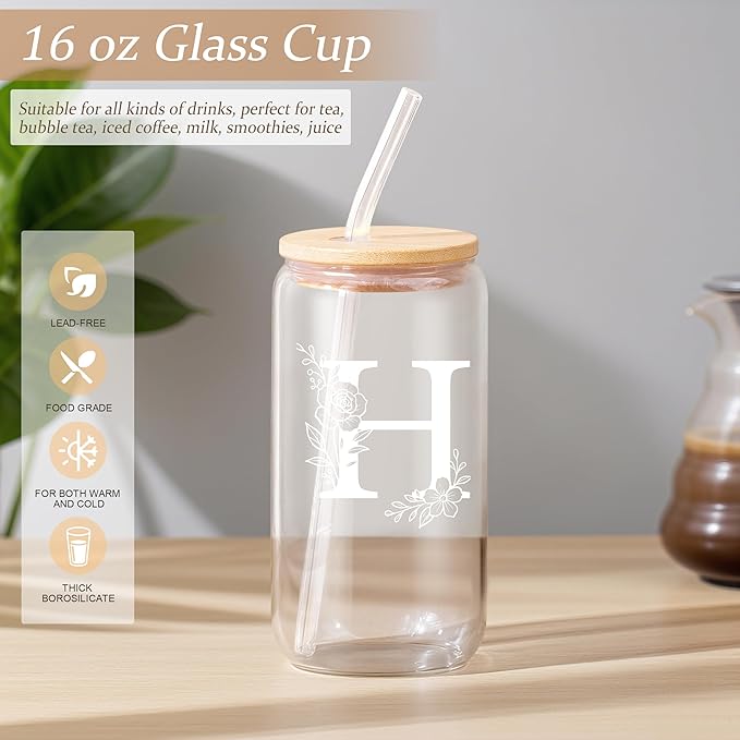 Personalized Gifts for Women, Monogrammed Gifts for Women, Initial 16 oz Glass Cups With Lids and Straws, Customized Mug, Personalized Birthday Gifts Christmas Gifts for Her Mom Friend Woman, H