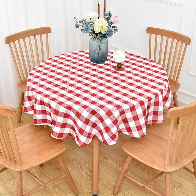 Gingham Round Tablecloth Table Cloth Heavy Duty Cotton Checkered Table Cloth Round Cover for Dining Room (R-Red, 53 inch Diameter)