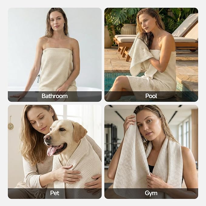 REDKISS 8 Pack Microfiber Waffle Bath Towels - Beige Waffle Towels for Bathroom, Extra Large, Highly Absorbent, Quick Dry Bath Towel Set, Lint Free Bathroom Towel for Gym, Shower, Hotel and Spa