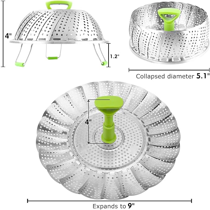 Vegetable Steamer Basket, Stainless Steel Folding Steamer Basket Insert for Veggie Fish Seafood Cooking, Expandable to Fit Various Size Pot (5.1" to 9" Triangle)