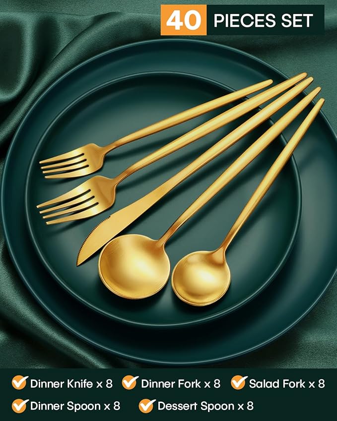 EUIRIO 40-Piece Matte Gold Silverware Set, Modern Flatware Set for 8, Premium Stainless Steel Cutlery Set with Forks Spoons and Knives, Heavy Duty Kitchen Utensils Set, Heavy Duty Dishwasher Safe