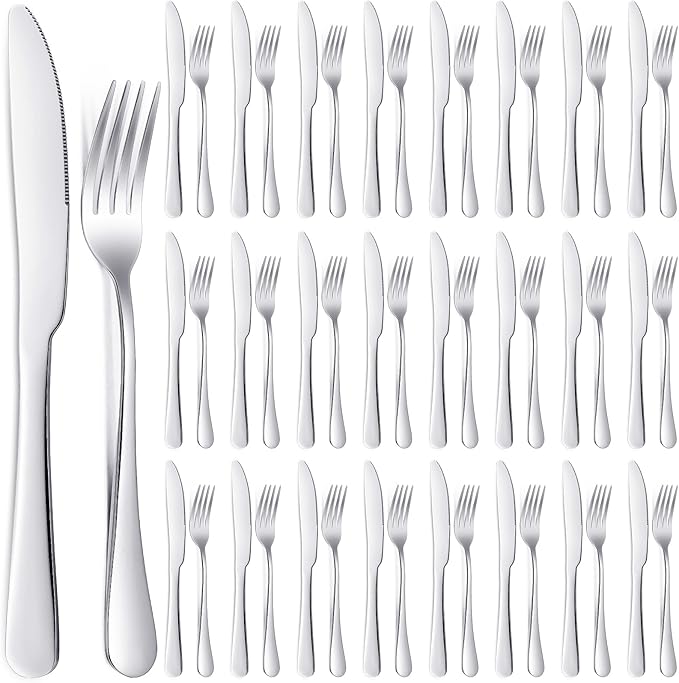 Nuenen 50 Pieces Stainless Steel Forks Silverware Set Dinner Forks and Knives Flatware Tableware Cutlery Set for Kitchen Restaurant(8.07 x 0.94 Inch, 9.06 x 0.79 Inch,Shiny Silver)
