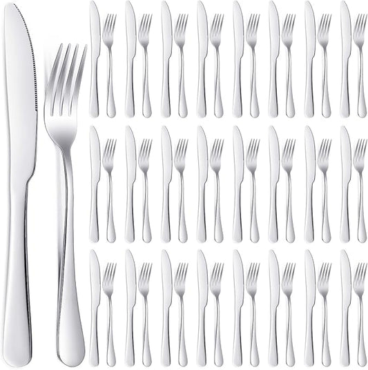 Nuenen 50 Pieces Stainless Steel Forks Silverware Set Dinner Forks and Knives Flatware Tableware Cutlery Set for Kitchen Restaurant(8.07 x 0.94 Inch, 9.06 x 0.79 Inch,Shiny Silver)