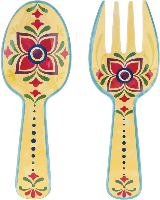 UPware Fiesta Floral Melamine Salad Servers, Serving Utensil Set, Includes Serving Fork and Spoon for Tossing Salad, Pasta, Multicolor, 10.75 Inch, Set of 2