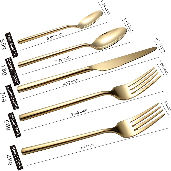 Gold Silverware Set, 20-Piece Flatware Cutlery Set Service for 4, Heavy Duty Titanium Coating Modern Design, 18/0 Stainless Steel Utensils, Dishwasher Safe