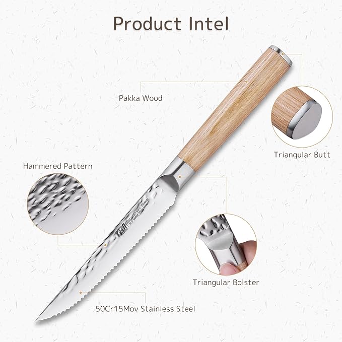 FINDKING 4-Piece Kitchen Steak Knife Set, 4.7 Inch Serrated Kitchen Knives, Rustproof Stainless Steel Cutlery, Pakka Wood Handle, Beige (Michelia Series)