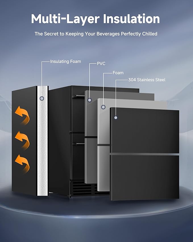 24 Inch Under Counter Fridge, Outdoor Refrigerator with Dual Drawers, Stainless Steel Door, Fast Cooling, Low Noise, Grid Organizers, Drawer Fridge for Home, Outdoor & Commercial (Black)