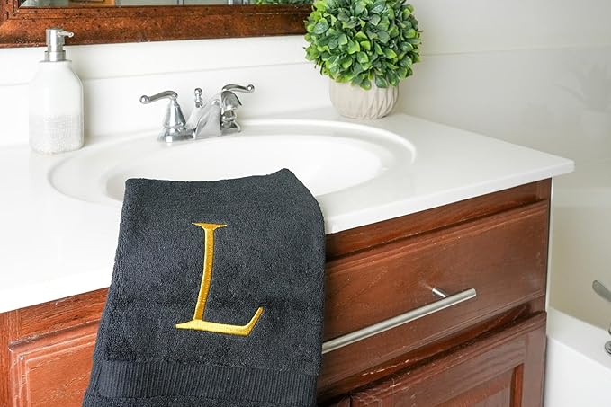 Black and Gold Bathroom Hand Towel - Monogrammed Luxury Hotel Quality Decorative Embroidered Towel for Powder Room, Spa - GOTS Organic Certified - Pack of 2, Letter L