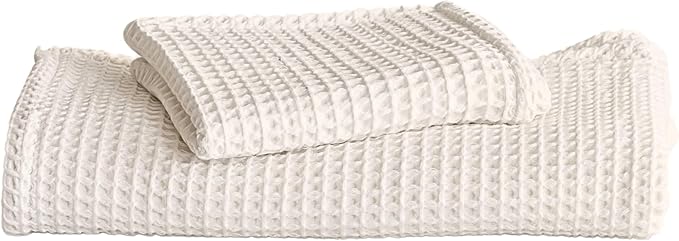2-Piece Waffle Towels Set for Bathroom Natural Undyed - Soft 100% Turkish Cotton Quick-Dry Lint-Free Waffle Weave Thin Bath and Hand Towels (Natural, Set of 2 Mix Towels)