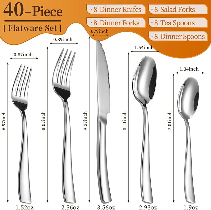40-Piece Silverware Set, Heavy Duty Stainless Steel Flatware Cutlery Set Service for 8, Food-Grade Utensil Sets for Home Restaurant, Dishwasher Safe
