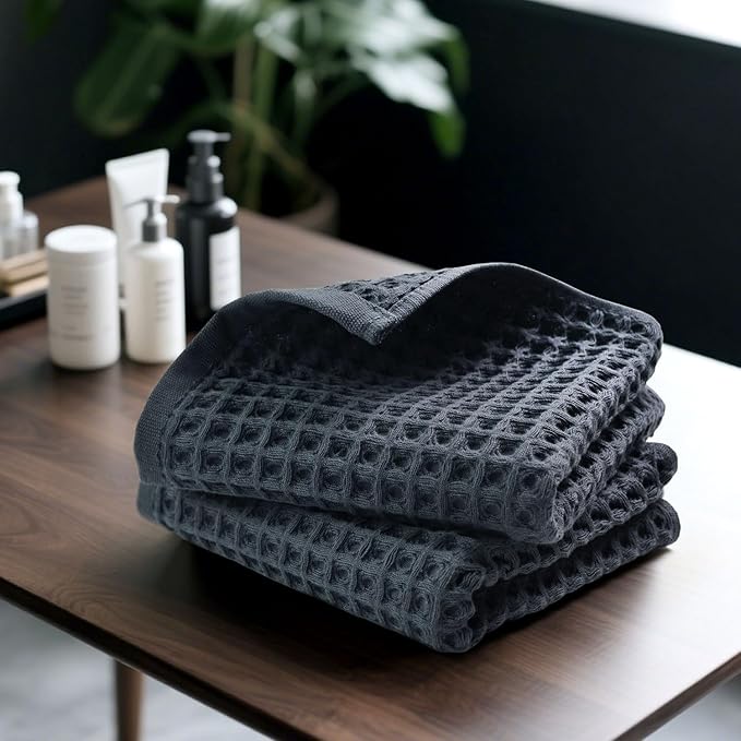 Jacquotha Waffle Hand Towels for Bathroom 2-Piece (Charcoal Blue) – Cotton Quick Dry Lint Free Face Towels 13” x 29”