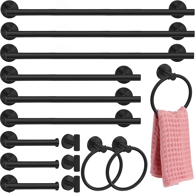 Gisafai 15 Piece Bathroom Hardware Set, 23.6 Inch Brushed Towel Bar Ring Toilet Paper Holder Robe Towel Hook, Sus304 Stainless Steel Bathroom Accessory Set Wall Mounted(Black)