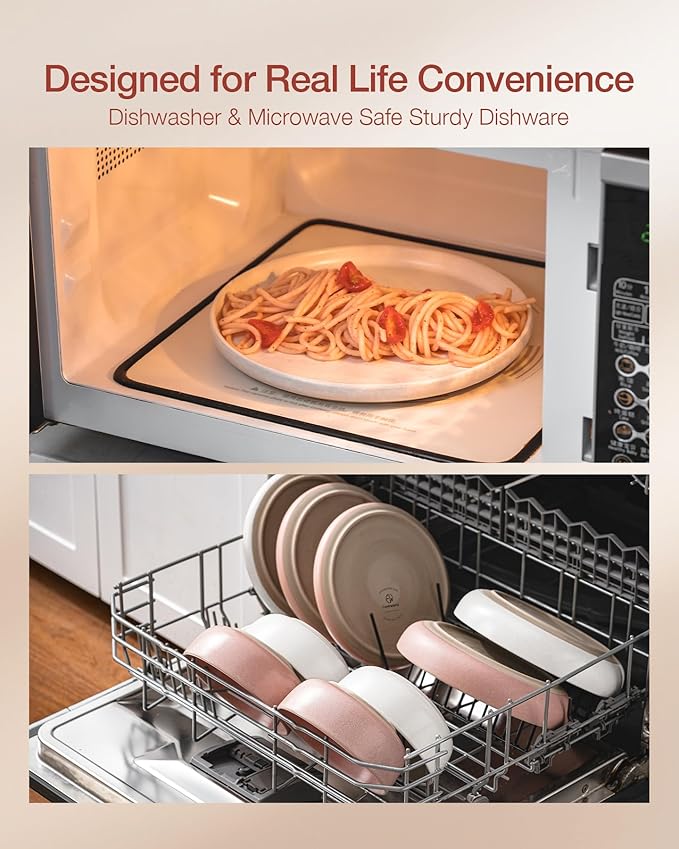 Famiware Milkyway Plates and Bowls Sets, 12 Pieces Dinnerware Sets, Reactive Glaze Dish Set, Stoneware Dishes Set for 4, Matte Beige White & Light Pink