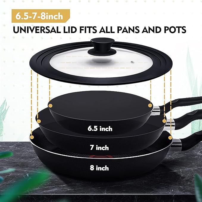 Universal Lid for Pots, Pans and Skillets, Pot Lid With Heat Resistant Silicone Rim and Tempered Glass,Fits 6.5", 7", 8" Diameter Pots and Pans