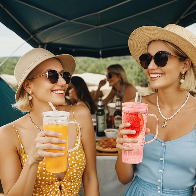 GOSCHE Glass Cups with Lids and Straws, 24oz Glass Tumbler with Straw and Lid, Iced Coffee Cups with Handle for Smoothie Juice Water Tea, Pink, 2 Pack