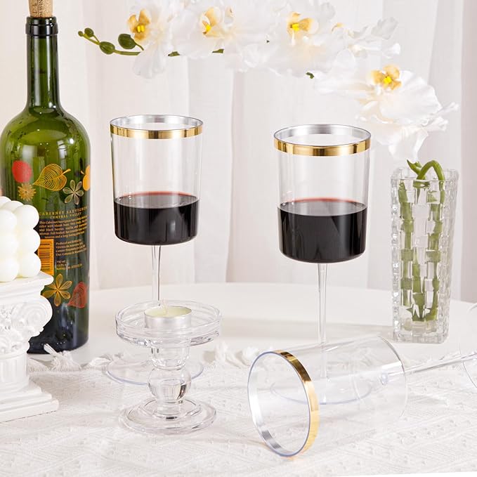 Ciaell 12 Pack Plastic Wine Glasses - 14 Oz Plastic Wine Glasses with Stem - Square Gold Disposable Stemmed Glass for Parties & Weddings & Outdoors & Christmas & New Year