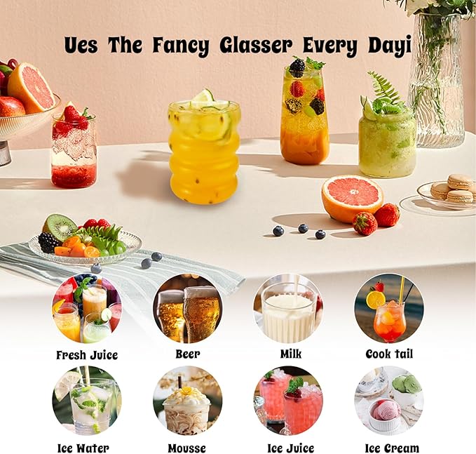 Ribbed Glass Cup 10 Oz Vintage Drinking Glassware Creative Small Ripple Glasses for Iced Coffee Juice Beverage Milk Cocktail Cute Wavy Glass Cups