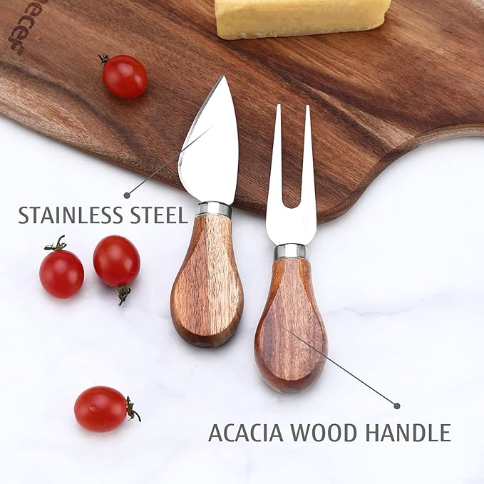 hecef Cheese Board set of 3,a Acacia Wood Cheese Plate, a Knife, a Fork, Charcuterie Board Platter Slate Serving Set for Appetizer Birthdays, Weddings, Housewarming (Cheese board with 2 knives)