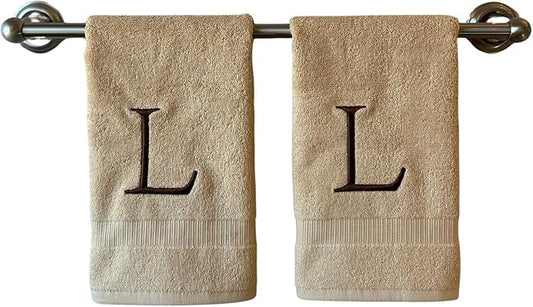 Beige Initial Hand Towel for Bathroom - Monogrammed Luxury Hotel Quality Decorative Embroidered Towel for Powder Room, Spa - GOTS Organic Certified - Set of 2 Brown Letter L