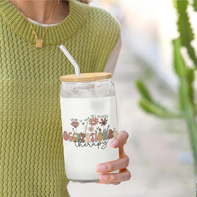 Occupational Therapist Gifts Glass Cup with Lids and Straws 14oz, OT Occupational Therapy Gifts Glass Coffee Tumbler Drinking Jars with Cleaning Brush