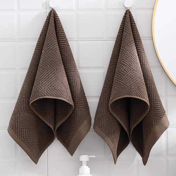 sense gnosis Chocolate Hand Towel Set of 2 Premium 100% Cotton Herringbone Striped Weave Ultra Soft Highly Absorbent Hand Towel for Bathroom 13 X 29 Inch