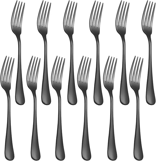 12-Piece Black Dinner Forks, Forks Silverware (8 inches), Food Grade Stainless Steel Flatware Fork, Mirror Polished & Dishwasher Safe, Using for Home, Restaurant or Kitchen, Black