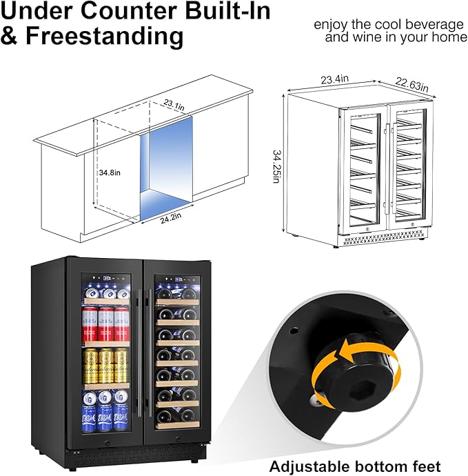 Wine and Beverage Refrigerator, 24 Inch Beverage Cooler Dual Zone with Glass Door, Under Counter Beverage Fridge with Upgraded 60 Cans 20 Bottles Large Capacity, Black