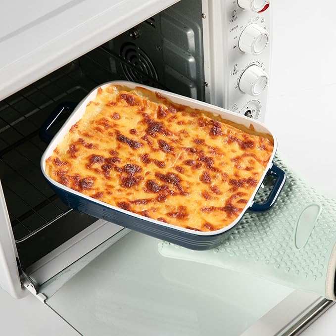 Sweejar Relief Casserole Dishes for Oven, Ceramic 9x13 Baking Pans Set for Cooking, Cake, Banquet and Daily Use, Rectangular Bakeware Set, Porcelain Baking Dish, Lasagna Pan Deep with Handles(Navy)