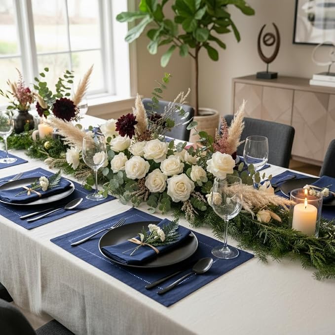 D'Moksha Homes Linen Placemats Set of 4 - Classic Hemstitch Navy Blue Placemats 14 x 19 Inch - 100% Pure Linen Table Mats for Winter, Holiday, New Year - Handcrafted and Machine Washable