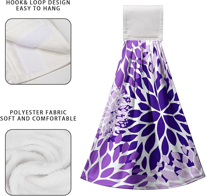 Purple Dahlia Hanging Kitchen Dish Towels Floral Hand Towel with Loop Violet Flower Bathroom Tie Towels Soft Absorbent Tea Towel for Bathroom Kitchen Decor Housewarming 12 x 17 Inch