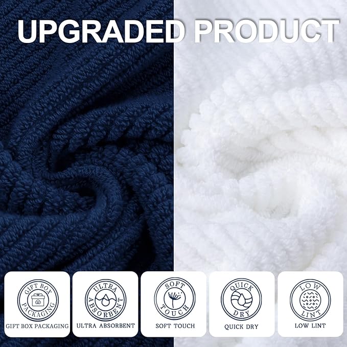 VOOVA & MOVAS Bathroom Towels - 100% Cotton | Quick Dry | Soft | Thick, 6 Piece Towel Set, 2 Large Bath 30"x56", 2 Hand 18"x28", 2 Washcloths 13"x13", Bathroom Essentials,Blue and White