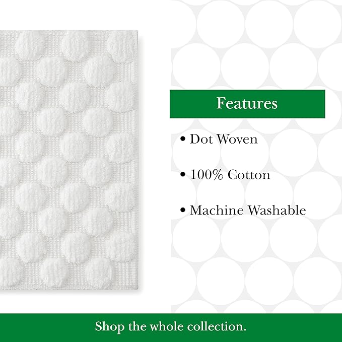 Kate Spade New York Dotted Woven Bath Rug, 17 in x 24 in, Absorbent Bath Mat, Slip Resistant, Made from 100% Cotton, Machine Washable, Marshmallow White