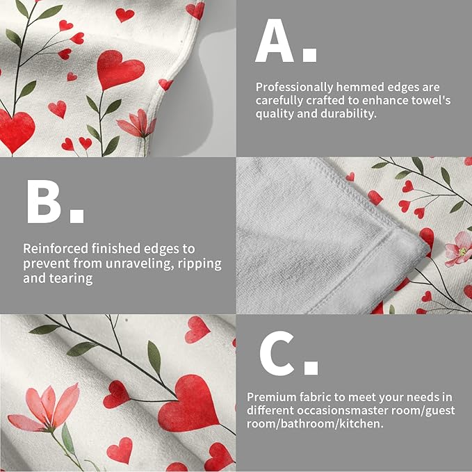 Imiss Red Love Hearts Hand Towels Set of 2 Flowers Holiday Bathroom Towel 14.4 x 28.3 Inch Wedding Farmhouse Decoration Fingertip Towels for Hotel Gym Spa