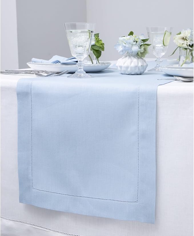 Solino Home Linen Sky Blue Table Runner 156 Inches Long - 100% Pure Linen Extra Long Table Runner 14 x 156 Inch for New Year - Classic Hemstitch