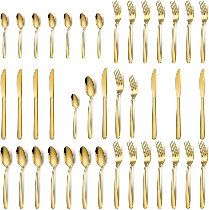 Gold Silverware Set - 40PCS Stainless Steel Silverware Set for 8, Includes Forks Spoons and Knives, Utensil Sets for Home Kitchen Restaurant, Dishwasher Safe