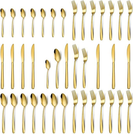 Gold Silverware Set - 40PCS Stainless Steel Silverware Set for 8, Includes Forks Spoons and Knives, Utensil Sets for Home Kitchen Restaurant, Dishwasher Safe