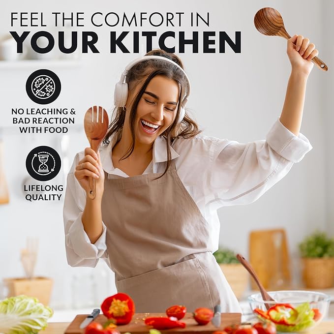 Zulay Kitchen 7-Piece Wooden Cooking Spoons Set – Heat-Resistant, Smooth Teak Utensils with Comfort Grip – Lightweight & Durable – Easy to Clean, Perfect for Non-Stick Cookware