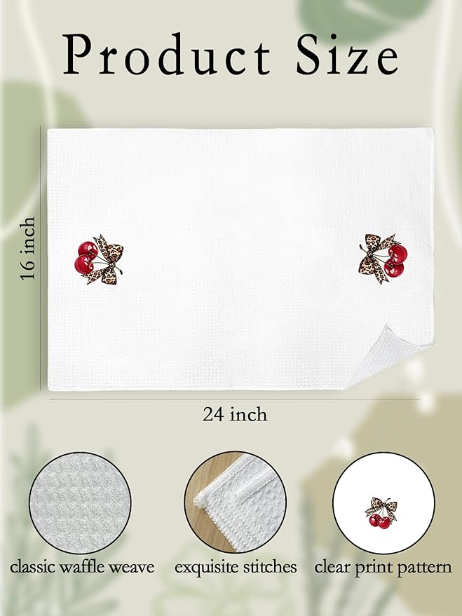 Leopard Bathroom Hand Towels Set of 2 - Cheetah Bow with Cherry Guest Hand Towels, Leopard Print Dish Tea Towels for Kitchen Decor, Cherry Themed Gifts for His Hers, Housewarming Gift Idea