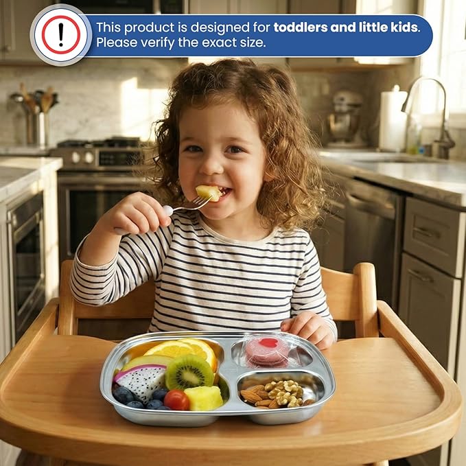 Korean Stainless Steel Divided Plates, Kids Toddlers Babies Tray, BPA Free, Diet Food Control, Camping Dishes, Compact Serving Platter, Dinner Snack, 3 Compartment Plate Silver, Set of 2