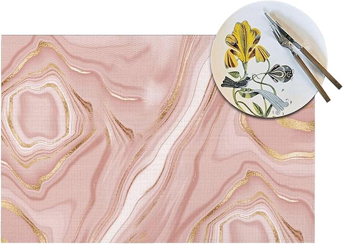 Pink Golden Marble Placemats Set of 4 Linen 12"x18" Rose Pink Modern Decorative Place Mats Washable Kitchen Table Mats for Dining Outdoor Farmhouse Home Decor Holiday Party Dining Mat