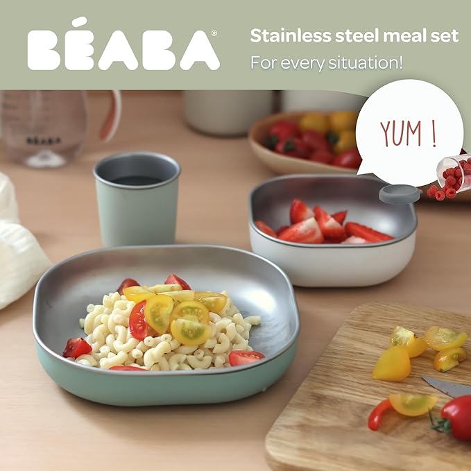 BEABA Stainless Steel Meal Set | Microwave and Oven Safe | Baby Plates Baby Bowls and Cup with Anti-Slip Silicone Cover | Kids Plates Non Toxic, Sage Green