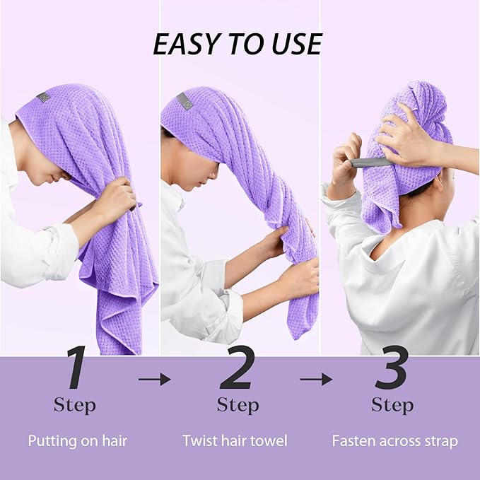 YFONG X-Large Hair Towel Wrap for Women, Super Absorbent Microfiber Hair Towel for Curly Hair, Fast Drying Hair Turbans with Elastic,Hair Drying Towel Wrap for Hair Care 30" X 40" (Purple)
