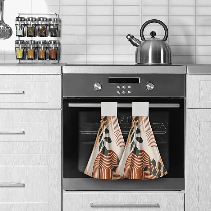 Giwawa Boho Leaf Kitchen Towels 2 Pcs Orange Modern Dish Cloth Soft Absorbent Tie Towels for Bathroom Hotel Gym Home Decor