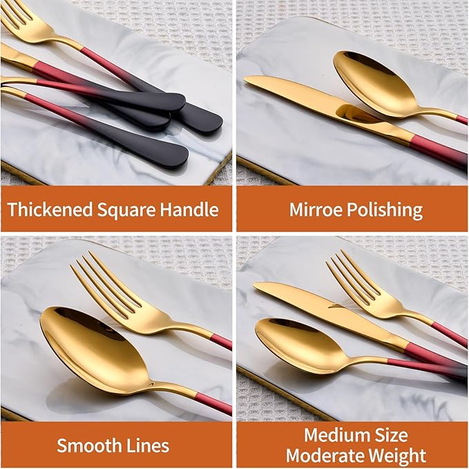 20 Piece Black Red and Gold 18/0 Flatware Utensil Set for 4, Include Dinner Knife,Dinner Forks,Dinner Spoons,Salad Forks,Teaspoons,Silverware Set for 4, Dishwasher Safe