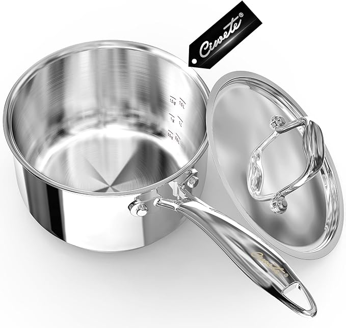 2 Quart Sauce Pan with Lid, Tri Ply Stainless Steel Saucepan 2 Qt with Stainless Steel Lid, 2 Measuring Lines, Upgraded Packaging, Cool Ergonomic Handle, Dishwasher & Oven Safe