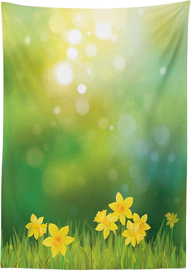 Ambesonne Daffodils Tablecloth, Fresh Daffodil Flowers on Spring Sun Beams Blurred Background Print, Rectangular Table Cover for Dining Room Kitchen Decor, 52" X 70", Yellow Green