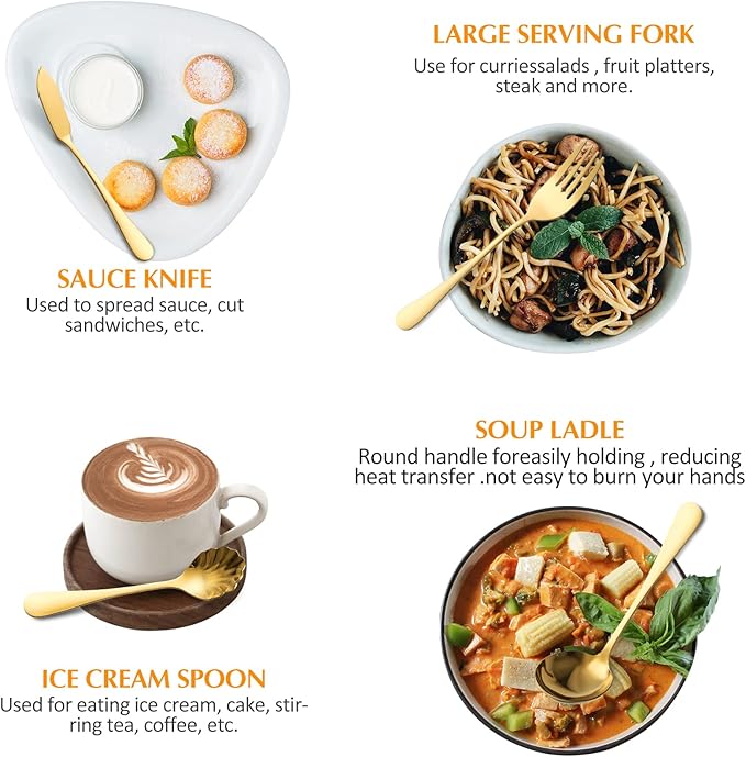 Serving Utensils Fine Include Large Serving Spoons Slotted Serving Spoons Serving Forks Serving Tongs Soup Ladle and Pie Server Buffet Catering Serving Utensils for Dishwasher Safe (Gold, 12)